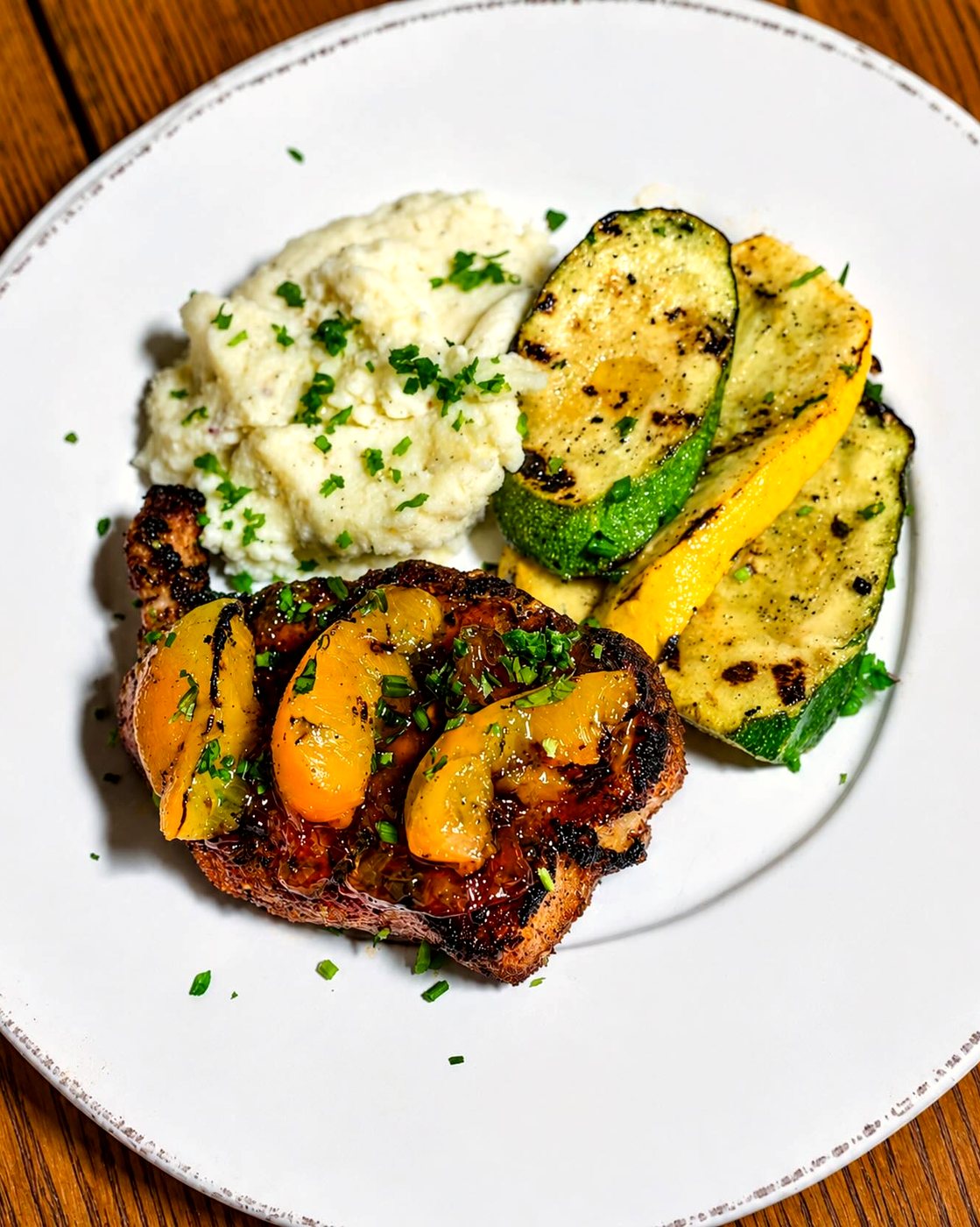 Grilled Georgia peach pork chop with squash and mashed potato