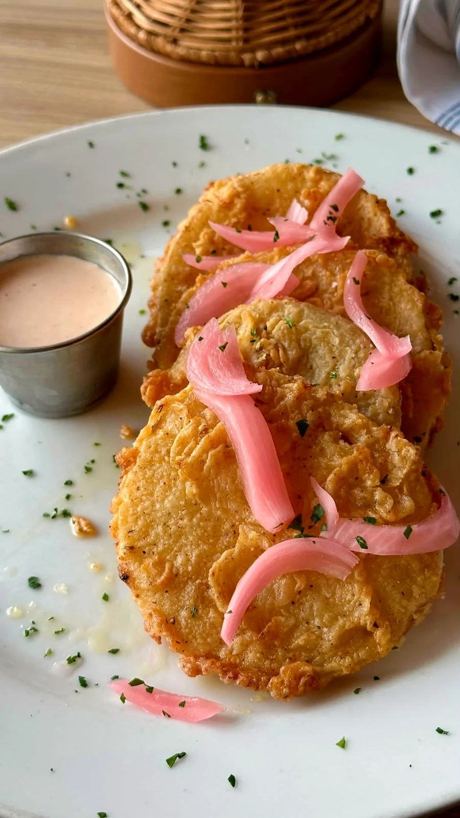 Fried green tomatoes with pickled onion